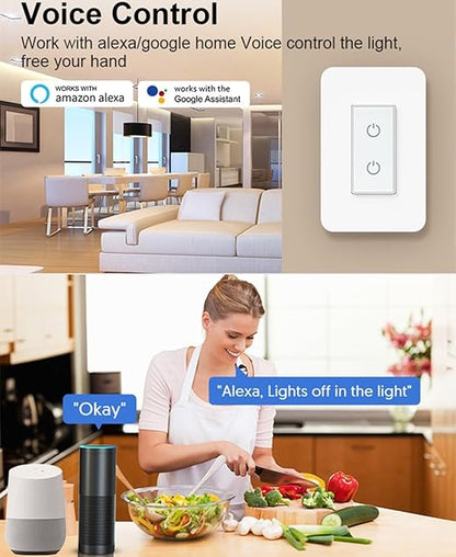 Nexete Smart Light Switch,2.4GHz Wi-Fi Single Pole Touch Switch, Timmer Voice & Smart Life App Control,Compatible with Alexa Google Assistant,Neutral Wire Required,White (Single & Dual Switches)