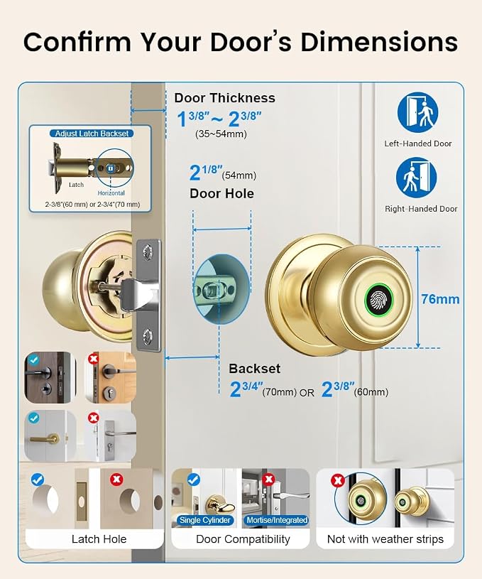 Smart Door Knob with Lock,Keyless Entry Fingerprint Door Lock,Bright Brass | Smart Lock with Auto-Lock , App, Key, Fingerprint Door Locks for Front Door, Garage, Apartment, Hotel, Interior, Exterior