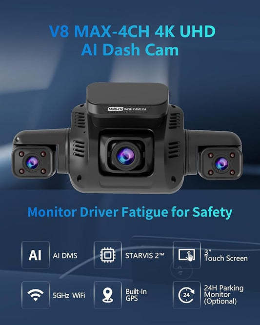 HUPEJOS AI 4K Dash Cam Front and Rear Recording with Driver Monitoring System,STARVIS 2,360° View 4 Channel Dashcam Free 64G Card,5G Wi-Fi GPS,3" Touch Screen,Night Vision,CPL,24/7 Parking Mode,V8 MAX