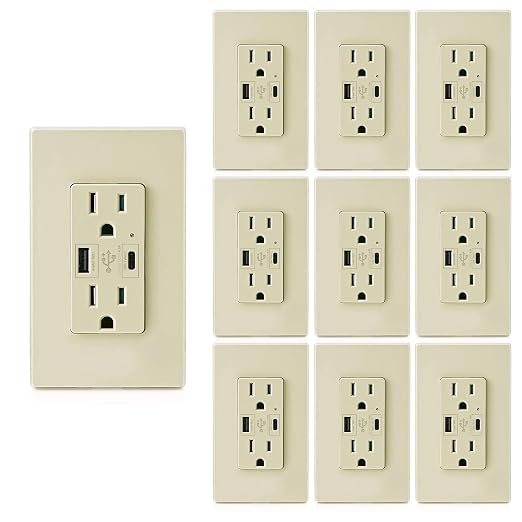 Micmi Ivory USB Outlet with C + A Wall Dual High Speed Receptacle Smart 4.8A Fast Charging Capability, 15 Amp 125Volt, Tamper Resistant Wall Plate Included UL Listed (10Pack, Ivory, 15 Amp Outlet)