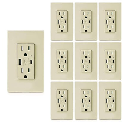 Micmi Ivory USB Outlet with C + A Wall Dual High Speed Receptacle Smart 4.8A Fast Charging Capability, 15 Amp 125Volt, Tamper Resistant Wall Plate Included UL Listed (10Pack, Ivory, 15 Amp Outlet)
