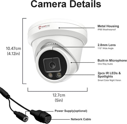 Anpviz 12MP PoE IP Camera Outdoor, Turret Security Camera for Home Surveillance, Smart Color Night Vision, Human/Vehicle Detection, Built-in Mic, Only Support 12MP NVR, NDAA Compliant, IPC-D3112W-S
