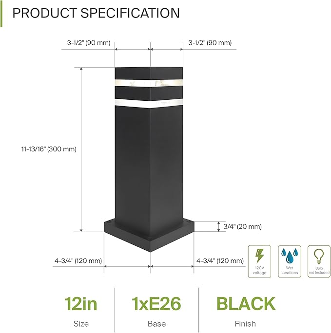 ASD 12" Square Bollard Light Fixture, Outdoor Pathway Floor Lamp | Antiglare, Waterproof, ETL Listed | 60W E26 Bulb Socket 120V | Landscape Hardwired Lighting, Exterior Post Lantern | Black, 4 Pack