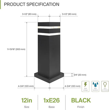 ASD 12" Square Bollard Light Fixture, Outdoor Pathway Floor Lamp | Antiglare, Waterproof, ETL Listed | 60W E26 Bulb Socket 120V | Landscape Hardwired Lighting, Exterior Post Lantern | Black