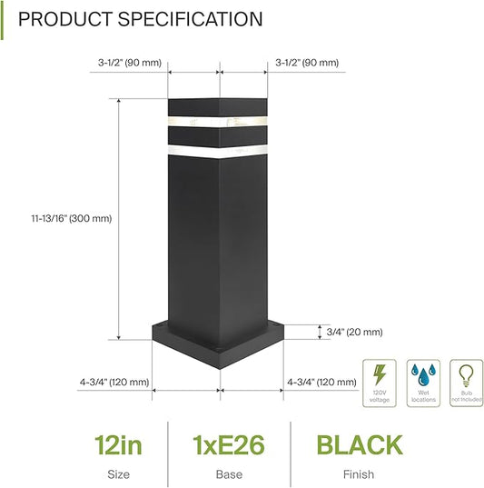 ASD 12" Square Bollard Light Fixture, Outdoor Pathway Floor Lamp | Antiglare, Waterproof, ETL Listed | 60W E26 Bulb Socket 120V | Landscape Hardwired Lighting, Exterior Post Lantern | Black
