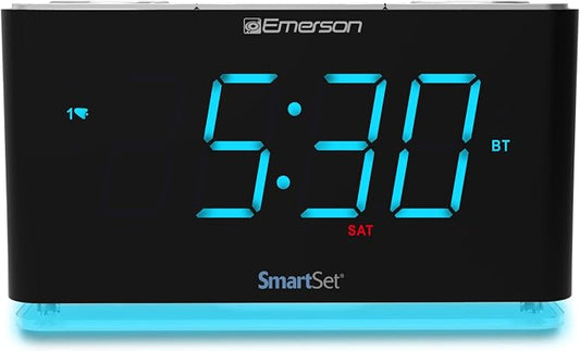Emerson Smartset Alarm Clock Radio with Bluetooth Speaker with USB Port for iPhone/iPad/iPod/Android and Tablets, 1.4" Cyan LED Display and Night Light, ER100301
