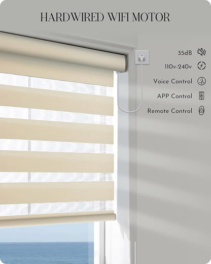 Graywind Motorized Blinds with Remote, Smart Zebra Shades for Windows, Hardwired Roller Blinds Compatible with Alexa, Apple Homekit, Google Home, Custom Size, Wool-Like Beige