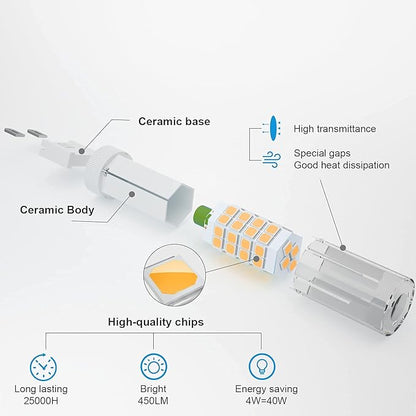 DiCUNO G9 LED Light Bulb 4W, 40W Halogen Replacement, Warm White 3000K, 450 Lumen, G9 Bi-Pin Ceramic Base Bulb, 120V, Non-dimmable, for Chandelier Lighting, Pendant Light, 10-Pack