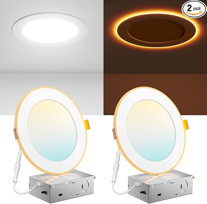 Amico 2 Pack 6 Inch 5CCT LED Recessed Ceiling Light with Night Light, 2700K/3000K/3500K/4000K/5000K Selectable Ultra-Thin Lighting, 12W=110W, 1100LM, Dimmable Canless Wafer Downlight ETL&FCC