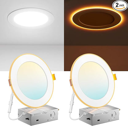 Amico 2 Pack 6 Inch 5CCT LED Recessed Ceiling Light with Night Light, 2700K/3000K/3500K/4000K/5000K Selectable Ultra-Thin Lighting, 12W=110W, 1100LM, Dimmable Canless Wafer Downlight ETL&FCC