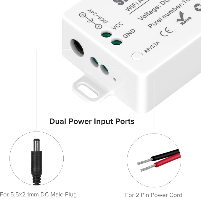 SEZO WS2812B WiFi Controller, iOS/Android App Control DC 5V24V SP801E for SK6812 WS2815 Digital One-Wire RZ Code LED Driver IC RGB LED Strip Matrix Panel Light AP/STA Mode