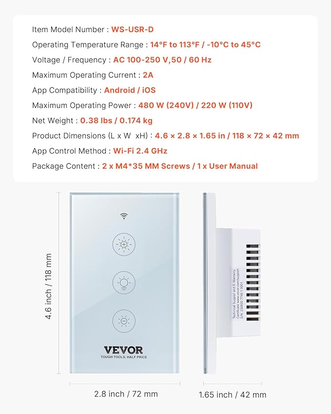VEVOR Smart Dimmer Switch, Wi-Fi 2.4GHz, Dimmable Smart Switch with Tempered Glass Touch Panel, 15% to 85% Stepless Dimming, Voice App Remote Control, Works with Alexa Google Home, for LED Lights