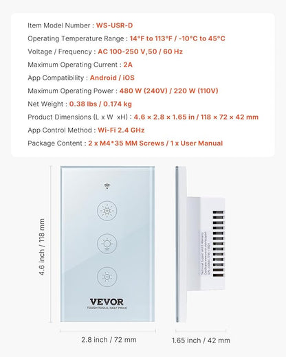 VEVOR Smart Dimmer Switch, Wi-Fi 2.4GHz, Dimmable Smart Switch with Tempered Glass Touch Panel, 15% to 85% Stepless Dimming, Voice App Remote Control, Works with Alexa Google Home, for LED Lights
