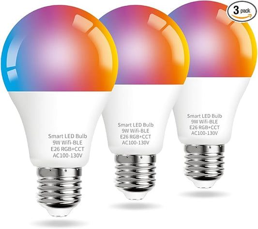 Smart LED Bulb A19 9W 3-Pack, 16 Million Colors & White Dimmable, Wi-Fi, Compatible with Alexa Google Home, No Hub Required, Energy Saving