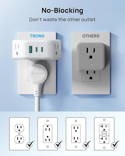 TROND Outlet Extender with 360 Rotating Plug, PD 20W USB C | 2 AC Outlet Splitter, 3-Side Design Wall Plug Adapter, for Bathroom Kitchen Cruise Ship Travel Essentials, White