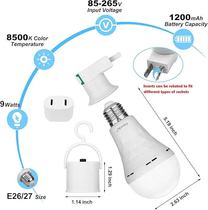 Ostwiki Rechargeable Light Bulbs, 1200mAh Led Battery Backup Bulb for Lamps 6 Pack Emergency Light Bulbs for Power Outage Hurricane Camping 9W 3000K A21 Warm Light Battery Operated Light Bulb E26