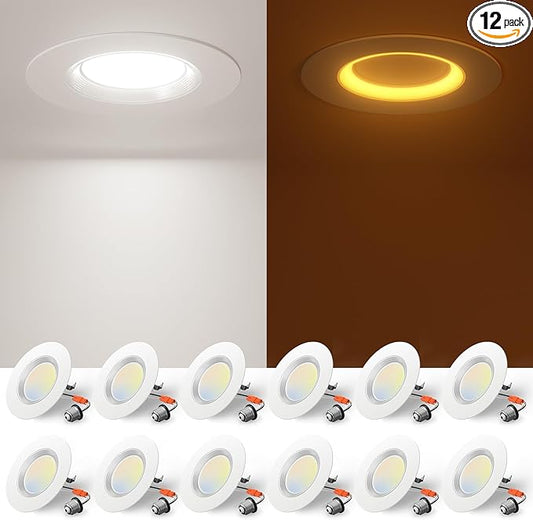 Amico 12 Pack 4 inch 5CCT LED Recessed Lighting with Night Light, 8W=60W, 700LM Can Lights with Baffle Trim, Dimmable, Retrofit Downlight, 2700K/3000K/3500K/4000K/5000K Selectable - ETL & FCC