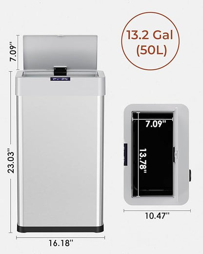TLSUNNY 13.2 Gallon Motion Sensor Trash Can,Touchless Automatic Garbage Can,Brushed Stainless Steel Smart Bin,with Bag Holder,Soft Close Lid,for Kitchen,Office,RV,Bedroom,Living Room (Silver, 50L)