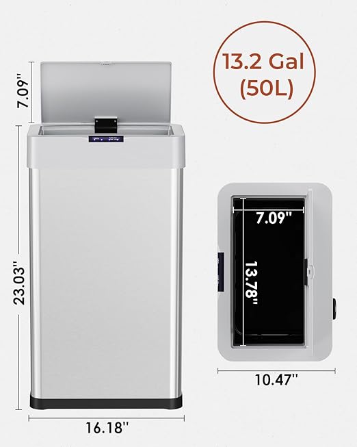 TLSUNNY 13.2 Gallon Motion Sensor Trash Can,Touchless Automatic Garbage Can,Brushed Stainless Steel Smart Bin,with Bag Holder,Soft Close Lid,for Kitchen,Office,RV,Bedroom,Living Room (Silver, 50L)