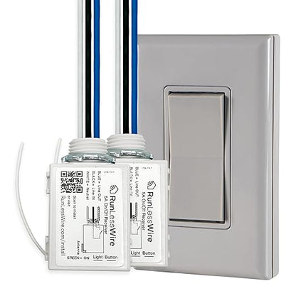 RunLessWire 2 Fixture Battery-Free DIY Kinetic Wireless Light Switch Kit 150ft RF Range for Different Fixtures or Outlets: 1 Remote Switch Controls 2 5A On/Off Receivers Simultaneously Gray