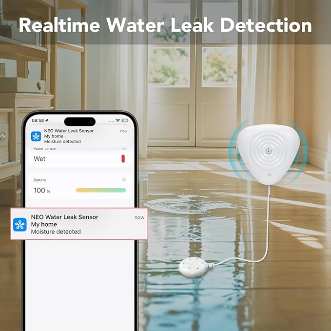 NEO Zigbee 3.0 Water Leak Detector, Smart Water Sensor Alarm for Home & Basement, Compatible with SmartThings and Home Assistant (ZHA & Z2M), 2 Pack