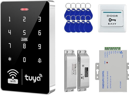 LIBO Tuya WiFi Access Control System Kit with Electric Bolt Lock | IP68 Weatherproof Keypad, DC12V Power Supply, Exit Button, 10 IC Key Fobs for Home, Office & Business