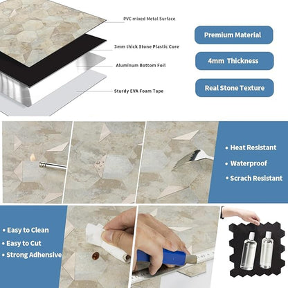 10-Sheet Heavy-Duty Hexagon Peel and Stick Backsplash, Thick Waterproof &Heat Resistant Stick on Wall Tiles, Ecru Beige Stone Mosaic for Kitchen & Bathroom, Strong Adhesive Permanent PVC Tiles