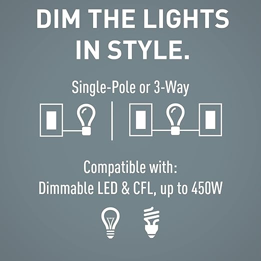 Legrand Radiant 450W Preset Decorator Rocker LED Dimmer Light Switch, with Locator & Screwless Wall Plate, For Dimmable LED and CFL Bulbs, RH453PWPW, Single Pole/3-Way, White, 1 Count