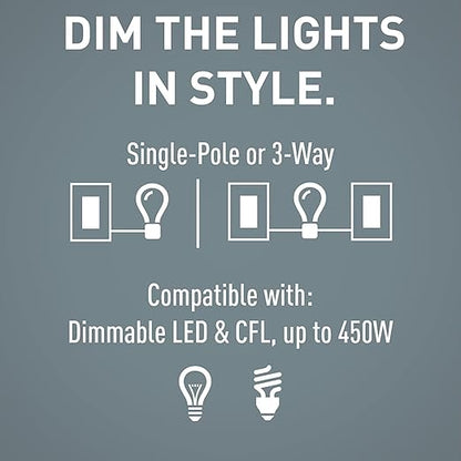 Legrand Radiant 450W Preset Decorator Rocker LED Dimmer Light Switch, with Locator & Screwless Wall Plate, For Dimmable LED and CFL Bulbs, RH453PWPW, Single Pole/3-Way, White, 1 Count