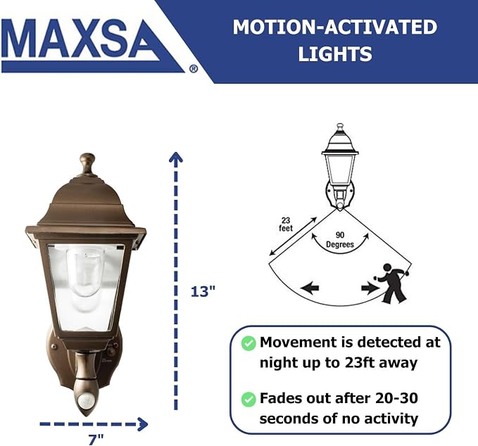 MAXSA 46219 Battery-Run Motion-Activate Outdoor Metal Wall Sconce Bronze