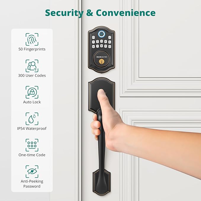AkaGear DS10 Keyless Entry Door Locks - Keypad Lock with Handle Set, Fingerprint Deadbolt, Smart Locks for Front Doors, Auto-Lock & One Touch Locking, 2 Keys, Easy Installation - Oil Rubbed Bronze