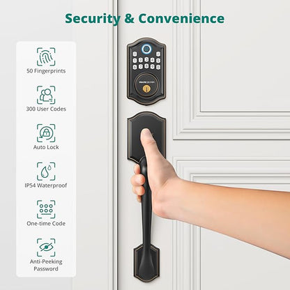 AkaGear DS10 Keyless Entry Door Locks - Keypad Lock with Handle Set, Fingerprint Deadbolt, Smart Locks for Front Doors, Auto-Lock & One Touch Locking, 2 Keys, Easy Installation - Oil Rubbed Bronze