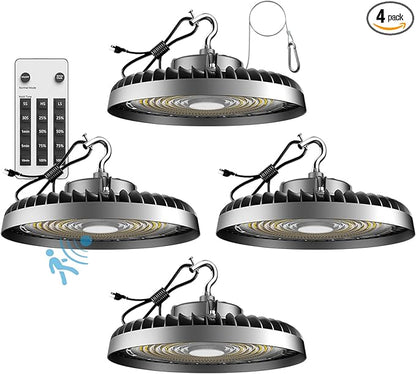 Smart 300W High Bay LED Shop Lights 45000lm Commercial Bay Lighting with Normal Mode & Motion Sensor Mode AC100-277V UFO Lights for 30-50FT Height-4Pack
