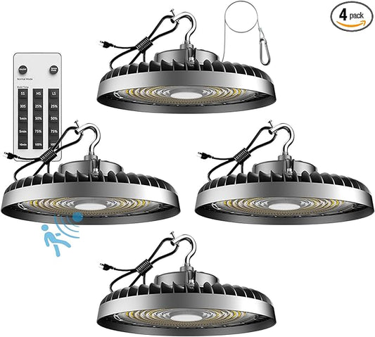 Lightdot Smart 250W High Bay LED Shop Lights 37,500LM High Bay Lights with Controller (Supports Normal Mode & Motion Sensor Mode) ETL-Listed US Plug for 30-40FT Height-6Yrs Warranty-4Pack