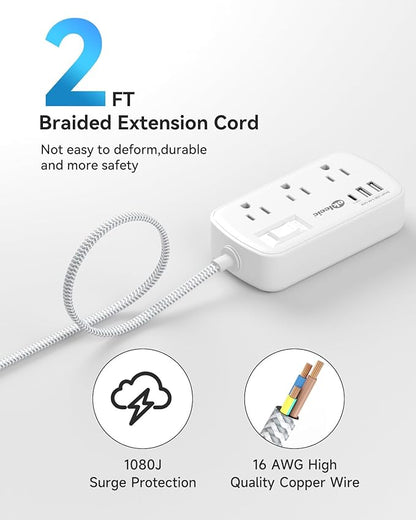 Short Extension Cord 2 Foot - Flat Plug Small Power Strip Surge Protetor with 6 Outlets 3 USB (5V/3.4A 17W) Charging Ports, Multi Plug Wall Outlet Splitter for Home Office Dorm Roomc, White