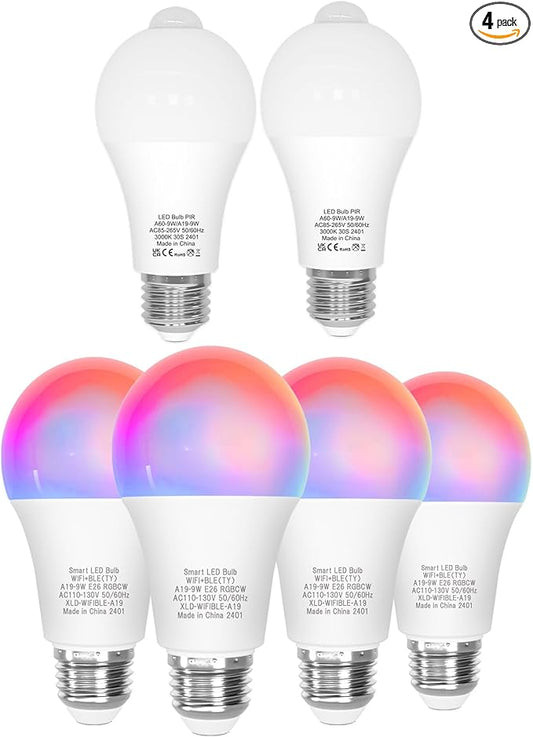 ORALUCE 丨 Bundle - Motion Sensor Light Bulbs (Pack of 2) & Smart LED Bulb A19 Wi-Fi and Bluetooth (Pack of 4)