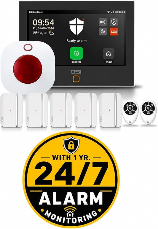 OSI Alarm System Gen 2 (4G), 11pc DIY Home Security System, Self Monitoring for Free or 24/7 Pro Monitoring (Alarm System + 1 Year 24/7 Alarm Monitoring)