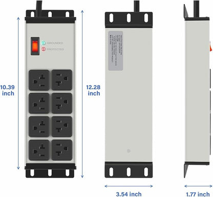 CCCEI 2PCS 12 Gauge Heavy Duty Power Strip, 8 Ports. Grey, 15FT.