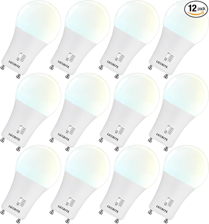 LUXRITE A19 GU24 LED Bulb, 60 Watt Equivalent, CRI90, 5CCT 2700K 3000K 3500K 4000K 5000K, Dimmable, 800 Lumens, 2 Prong Twist Lock Light Bulbs, 9W, GU24 Base, Damp Rated, ETL Listed (12 Pack)