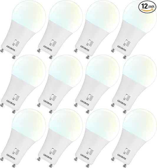LUXRITE A19 GU24 LED Bulb, 60 Watt Equivalent, CRI90, 5CCT 2700K 3000K 3500K 4000K 5000K, Dimmable, 800 Lumens, 2 Prong Twist Lock Light Bulbs, 9W, GU24 Base, Damp Rated, ETL Listed (12 Pack)