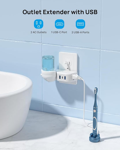 TROND Outlet Extender with USB, 2 AC Sockets and 3 USB Ports | 3-Side Design Wall Plug Adapter, Cruise Essentials, Plug Extension Outlet for Travel Home Office, White