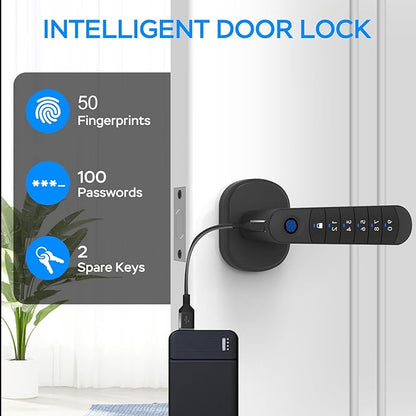Smart Fingerprint Door Handle, Keyless Entry Biometric Lock with Passcode & Mechanical Key, Easy Install Interior Door Lock for Home/Bedroom/Office, Black