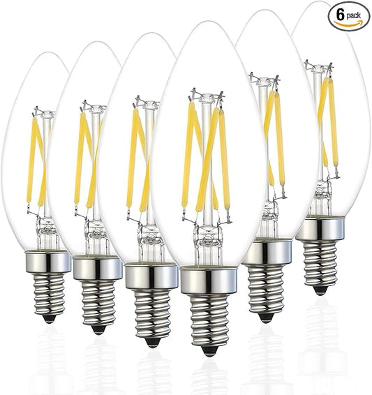 Type B/B11 E12 LED Filament Bulb, 4W/40W Equivalent 5000K Cool White – Clear Glass, Dimmable, Ideal for Chandeliers, Ceiling Fans & Modern Lighting, 6-Pack(5000K)