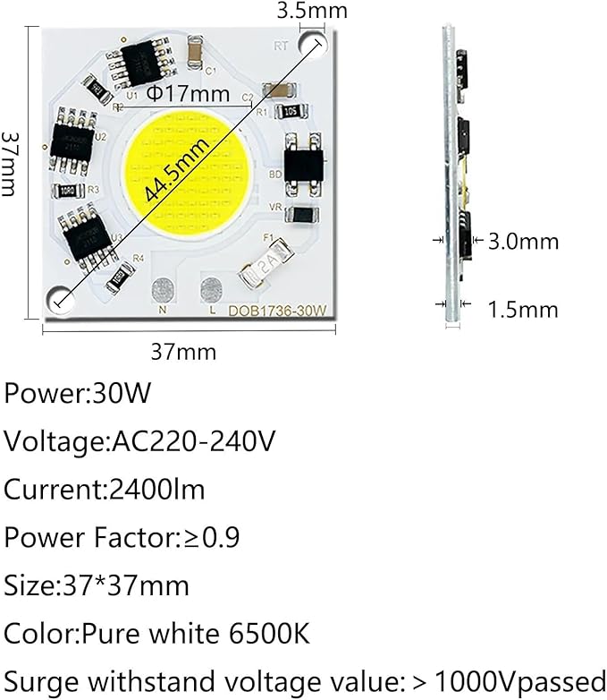 LED COB Chip 30W 2400lm Lumens Pure White Warm White Light 3000k 6500k 220V Smart IC No Need to Drive Commercial Lighting l(Pure White 6500K)