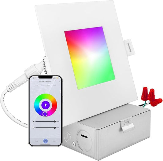LUXRITE 4 Inch Square Smart LED Recessed Lighting, RGBW Color Changing, WiFi App Control, Voice Control with Alexa and Google Home, No Hub Required, 10.5W 700LM, CRI 90, IC Rated, Wet Rated