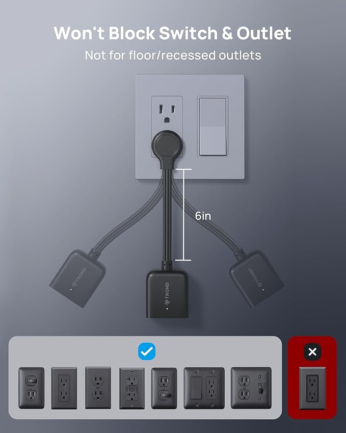 TROND Flat Outlet Extender with 6 Inch Cord - ETL Listed Multi Plug Extension Outlet Splitter, Electrical 3 Way Plug Adapter Wall Extender for Home Office Cruise Ship Travel Essentials, Black