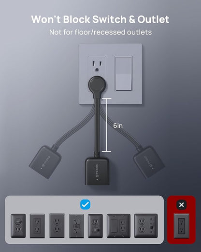 TROND Flat Outlet Extender with 6 Inch Cord - ETL Listed Multi Plug Extension Outlet Splitter, Electrical 3 Way Plug Adapter Wall Extender for Home Office Cruise Ship Travel Essentials, Black