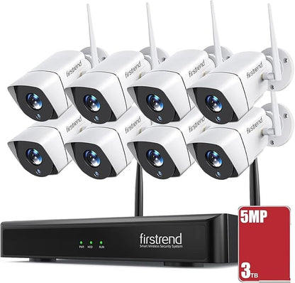 Wireless Security Cameras System, Firstrend 5MP Continuous Recording Ultra HD 8 Camera for Home Surveillance with 8CH NVR 3TB Hard Drive Night Vision Motion Detection App for Indoor Outdoor Business