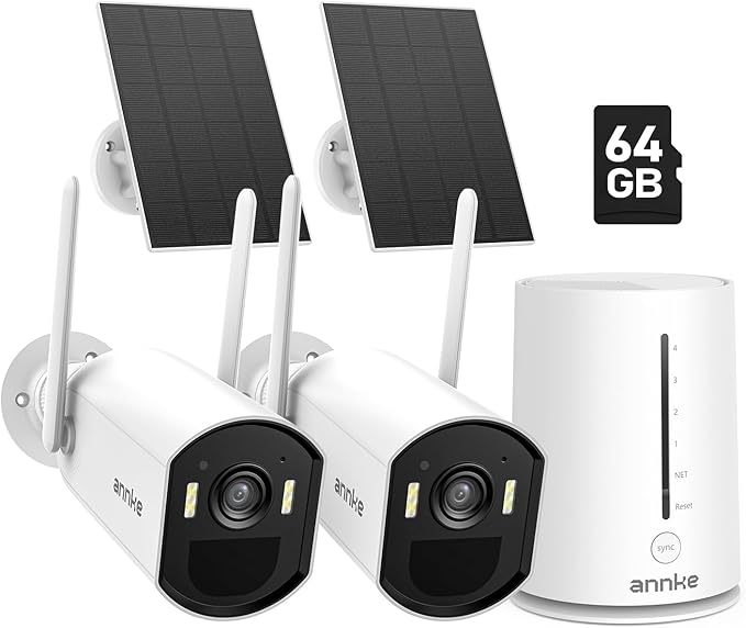 ANNKE 5MP Solar Wireless Security Camera Outdoor,Surveillance Home System,4CH and 2 Bullet Cam-Kit 2.5K, Color Night Vision, Spotlight Smart Alarm, PIR&Human Detection, 2-Way Audio, 64GB Memory Card
