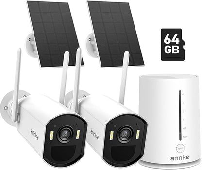ANNKE 5MP Solar Wireless Security Camera Outdoor,Surveillance Home System,4CH and 2 Bullet Cam-Kit 2.5K, Color Night Vision, Spotlight Smart Alarm, PIR&Human Detection, 2-Way Audio, 64GB Memory Card